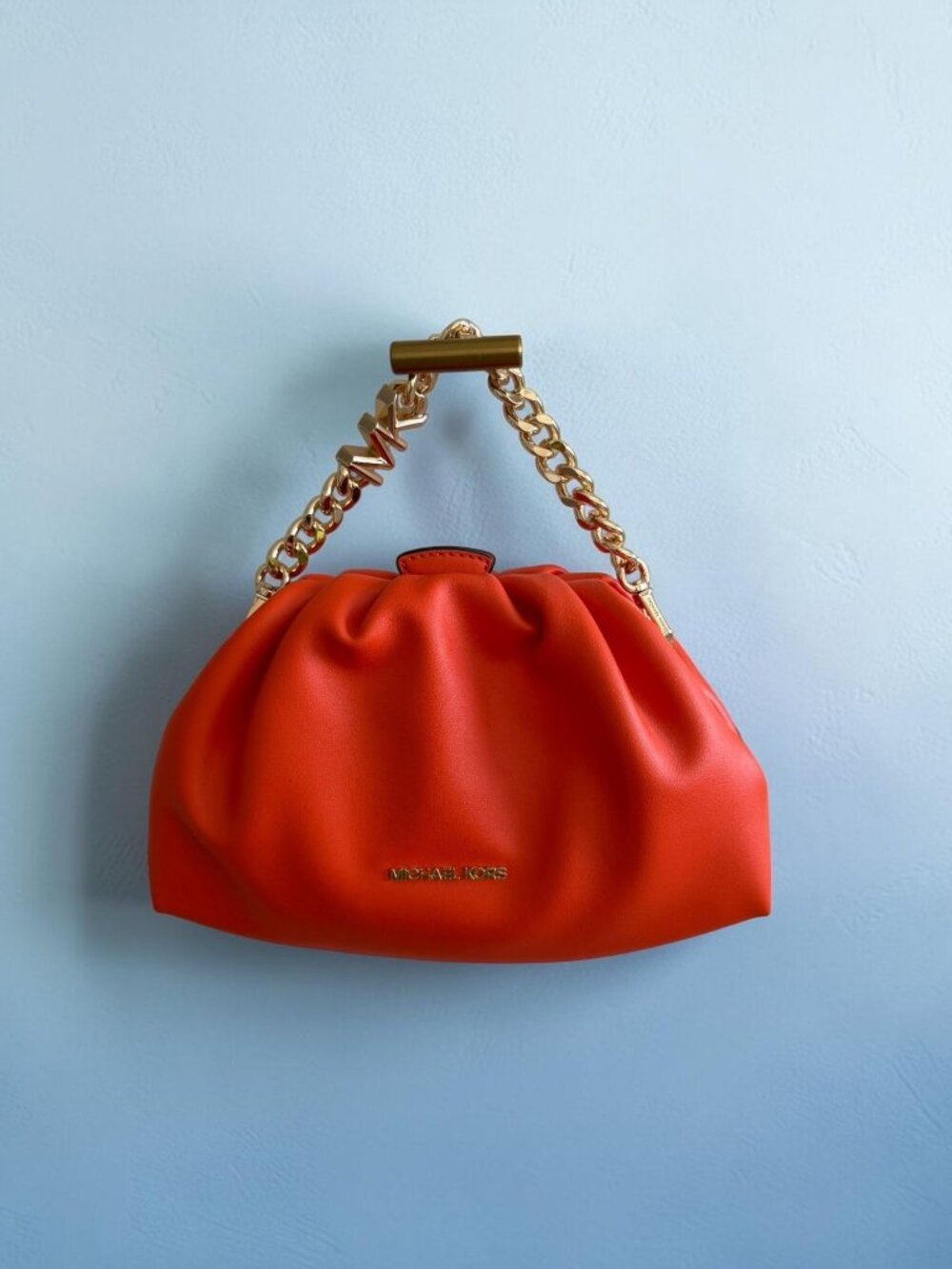MICHAEL KORS Nola Orange Leather Gold Logo Chain Crossbody Bag